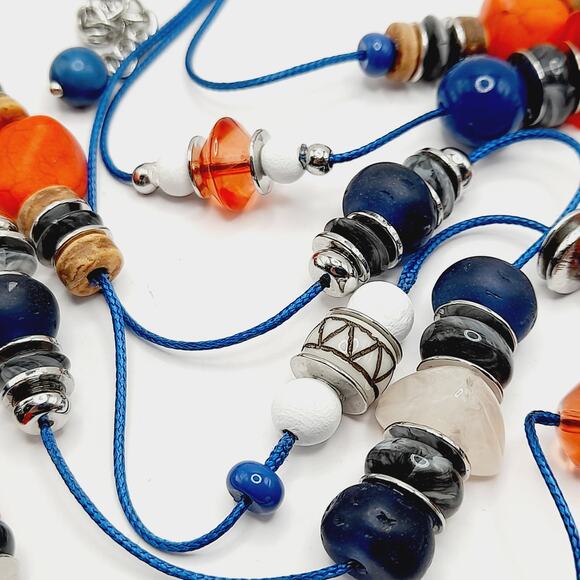 Chico’s Three Strand Beaded Necklace NWOT Blue Red White Multi Color Statement - Picture 9 of 12